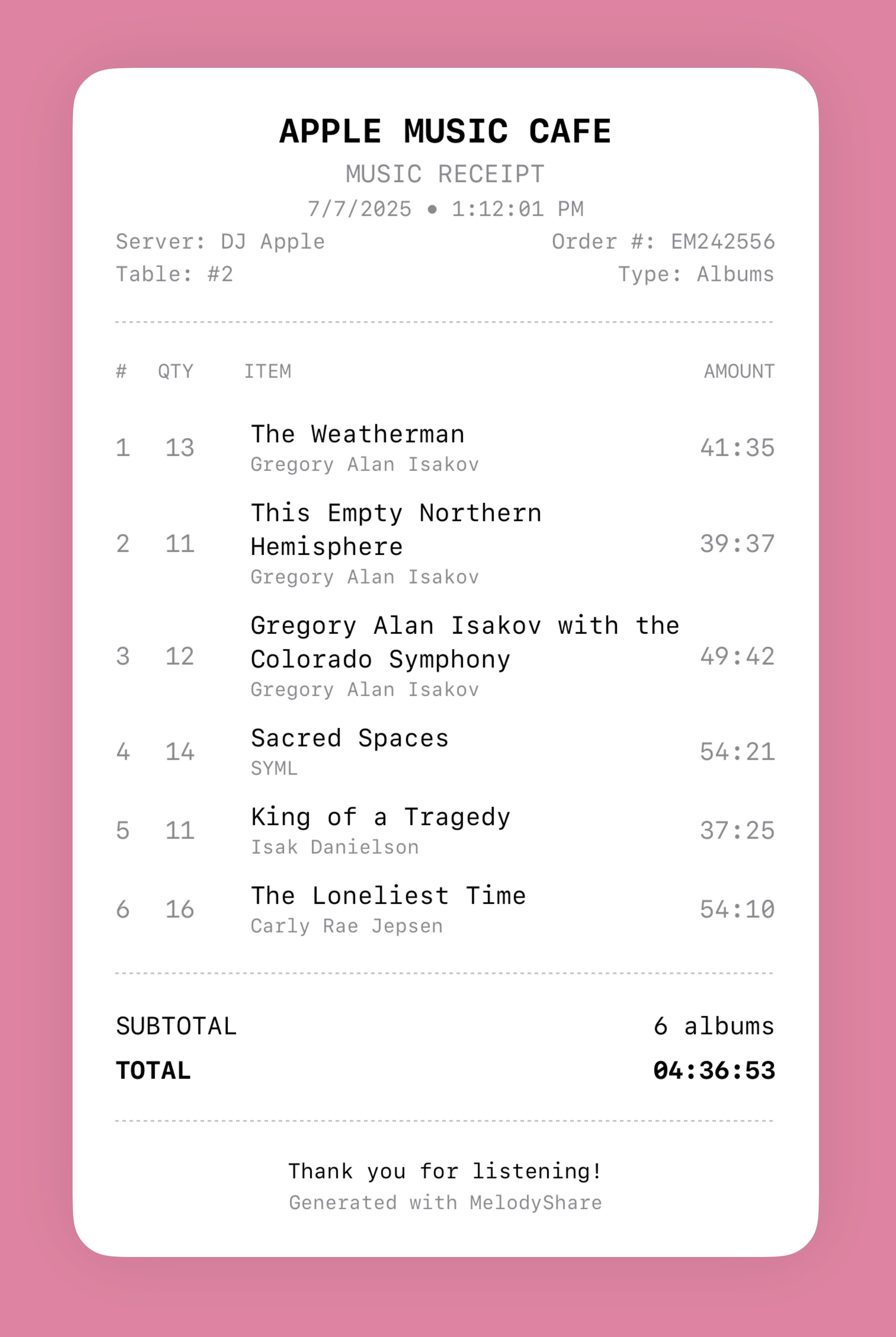 Album receipt sample showing full albums