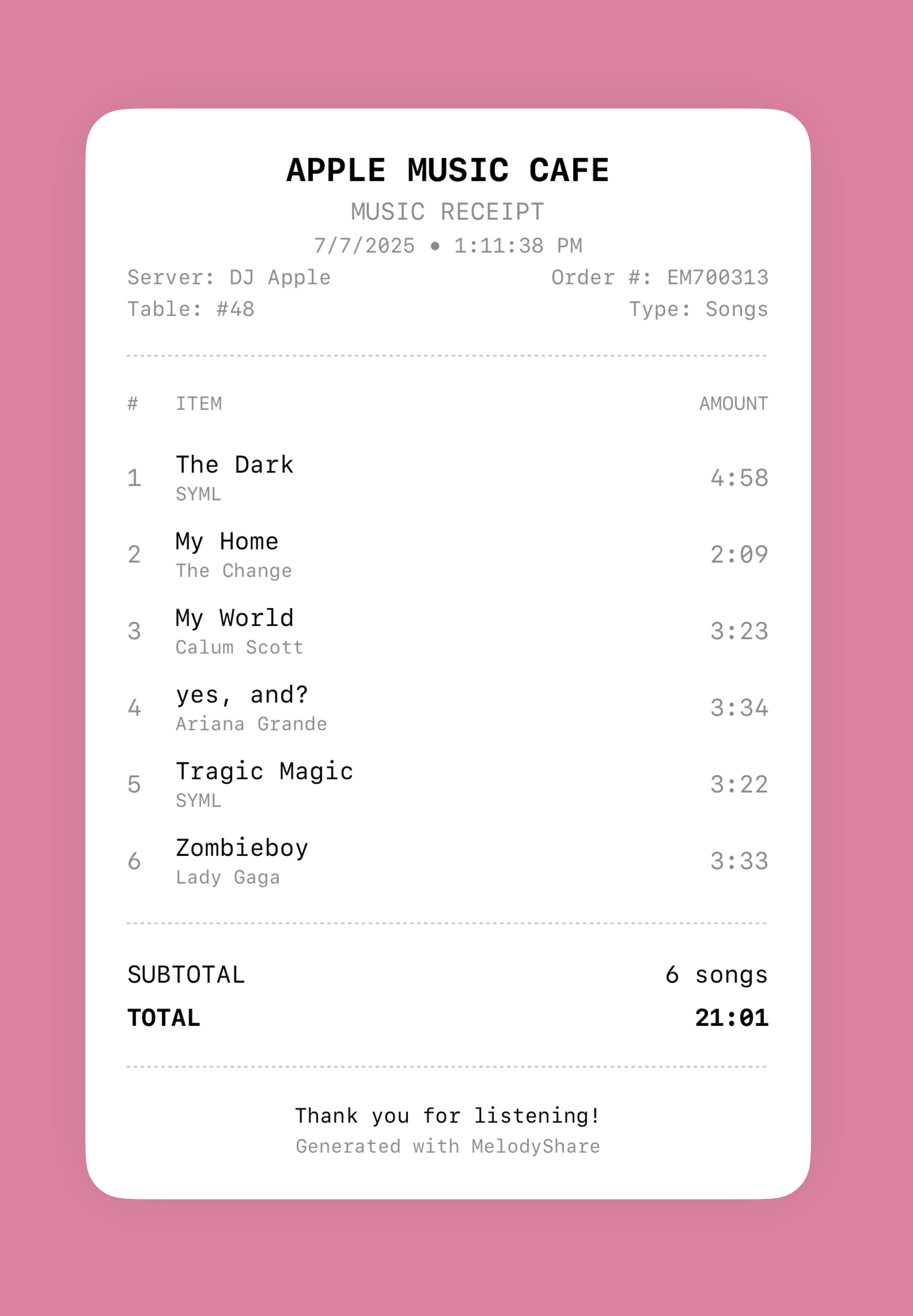 Song receipt sample showing individual tracks